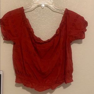 red off the shoulder cropper eyelet top